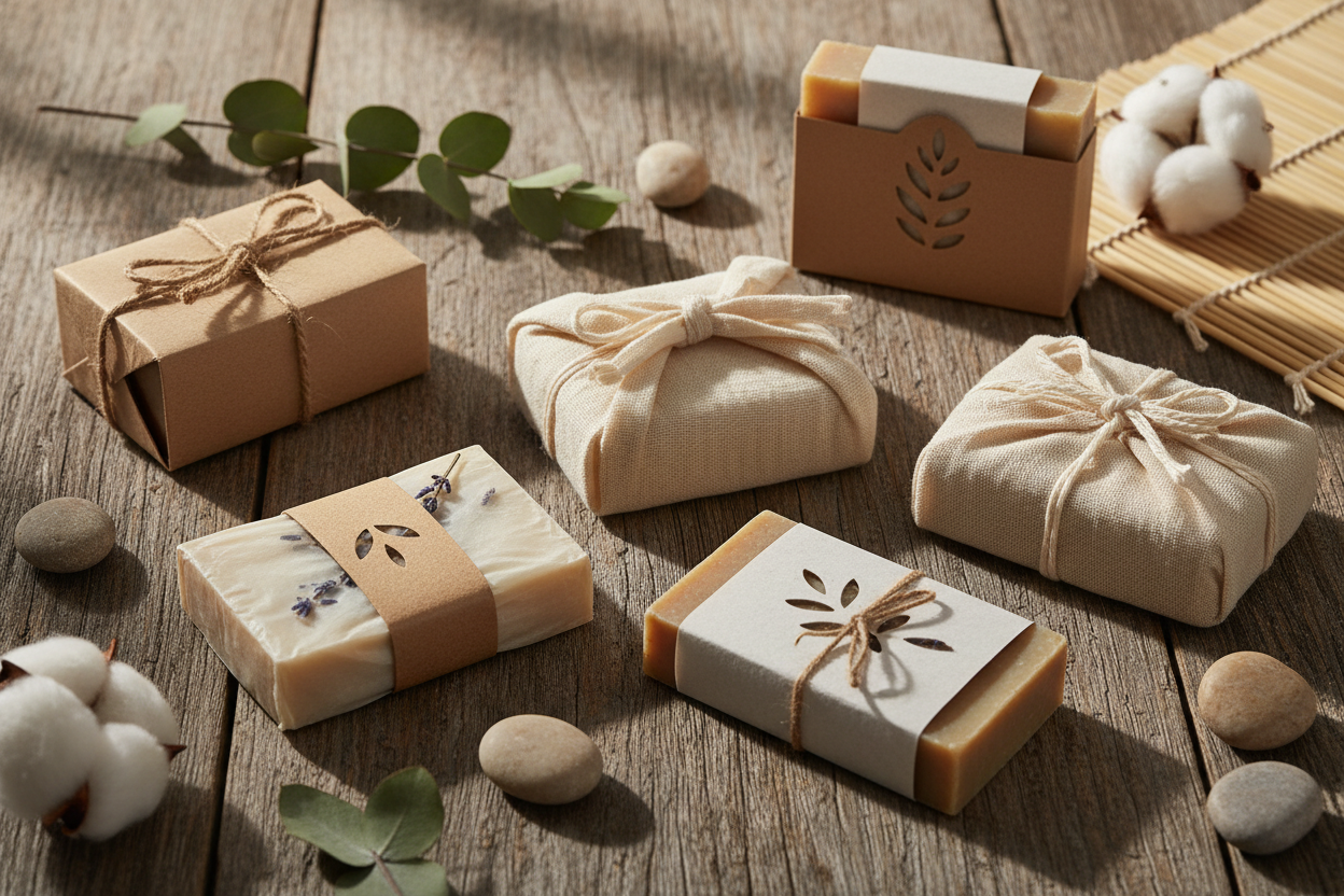 有幾款不同大小相約的手工梘，由不同包裝而成﹐全都沒有展示 LOgo﹐背景有一些元素令觀眾感覺很自然